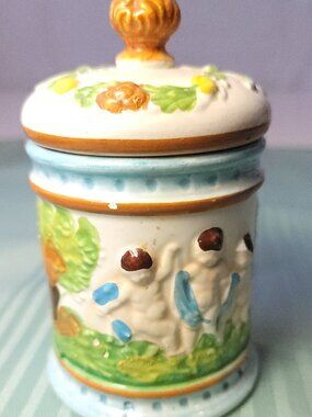 1965 Italian Ceramic Cherub Putti Lidded Jar | Hand Painted Relief Pot Made in I